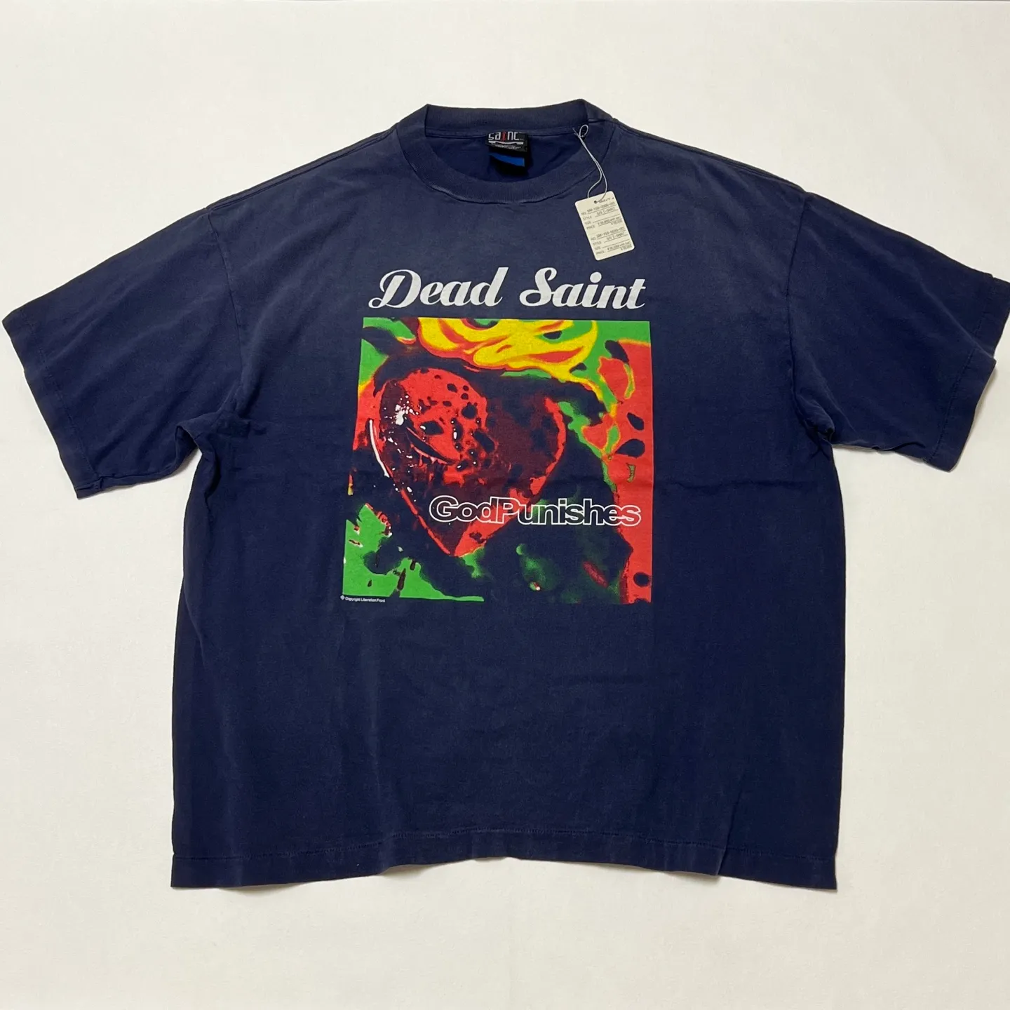 SAINT Mxxxxxx DEAD SAINT SS TEE/NAVY DEAD SAINT printed short sleeves God's Punishment TEE Washed blue S-XL Genuine consistent tube weaving without side seams High weight OE yarn fabric Assute dyeing Multiple horse fades Heavy wash water Worn holes Original consistent main mark/wash mark/little angel anti-counterfeiting mark